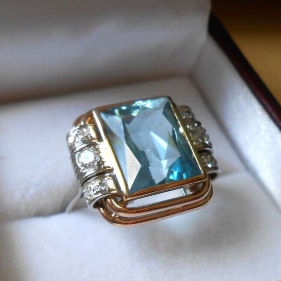 Vintage Art Deco  Stunning 14K, 5.5 ct Radiant Cut Aquamarine Diamond Ring - Picture 3 of 14